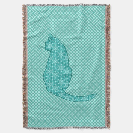 Couverture Chat Japonais - Impression Kimono Turquoise (devant Vertical)