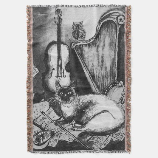 Couverture CHAT MUSICAL, OWL, VIOLIN, HARP Black White Grey M (devant Vertical)
