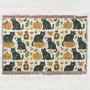 Couverture Chat noir et citrouille tissés