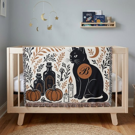 Couverture Chat noir mystique croissant de lune monogramme bo