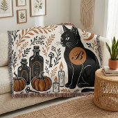 Couverture Chat noir mystique croissant de lune monogramme bo