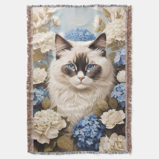 Couverture Chat Ragdoll Avec Fleurs Bleues D'Hydrangée (devant Vertical)