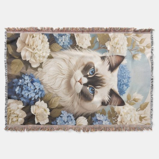Couverture Chat Ragdoll Avec Fleurs Bleues D'Hydrangée (Devant)
