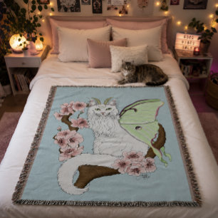 Couverture Chat vert blanc Lune Papillon de nuit