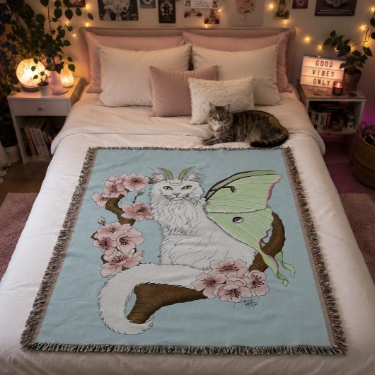 Couverture Chat vert blanc Lune Papillon de nuit