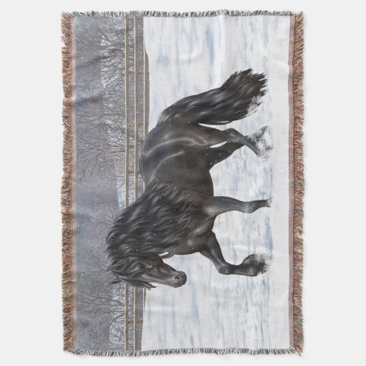 Couverture Cheval Noir Friésien En Neige (devant Vertical)