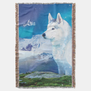 Couverture Chien Husky avec montagnes et aurores boréales