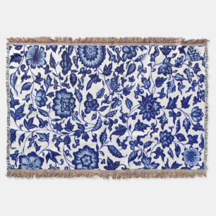 Couverture Chinois bleu marine foncé motif floral sur blanc