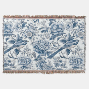 Couverture Chinoiserie Bleu et Blancs Fleurs Oiseaux