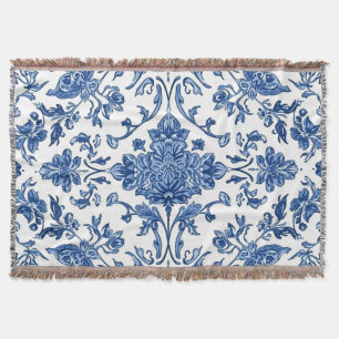 Couverture Chinoiserie florale bleue sur fond blanc aquarelle