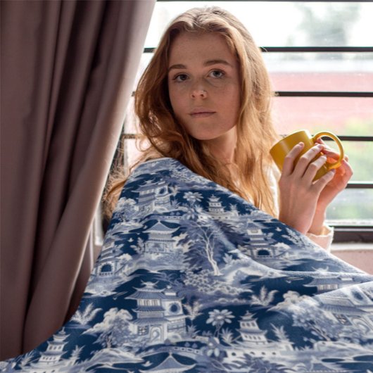 Couverture Chinoiserie Paysage Peinture Bleu Blanc