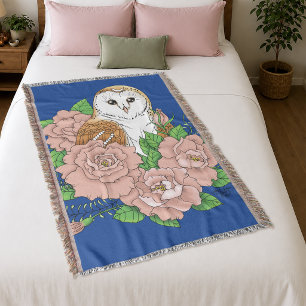 Couverture Chouette élégante bleue vintage Fleurs roses