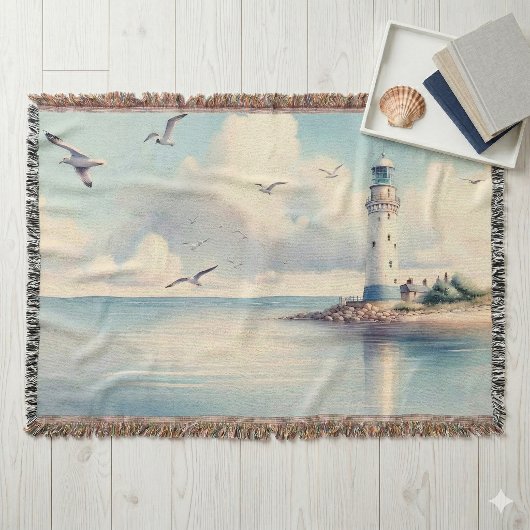 Couverture Coastal Lighthouse Seagulls Pastel Sky Serenity