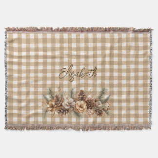 Couverture Cônes de pin automnaux rustiques Gingham marron Pe