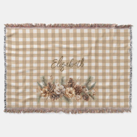 Couverture Cônes de pin automnaux rustiques Gingham marron Pe (Devant)