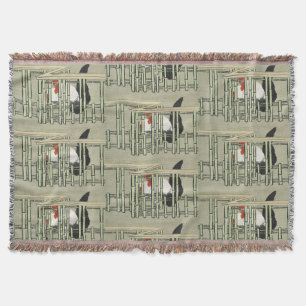 Couverture Coq Japonais Vintage Derrière une Clôture en Bambo