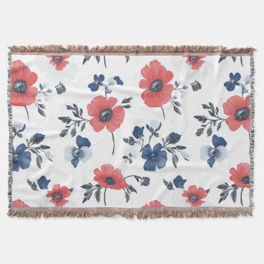Couverture Coquelicot de corail Navy Blue Floral Botanique (Devant)