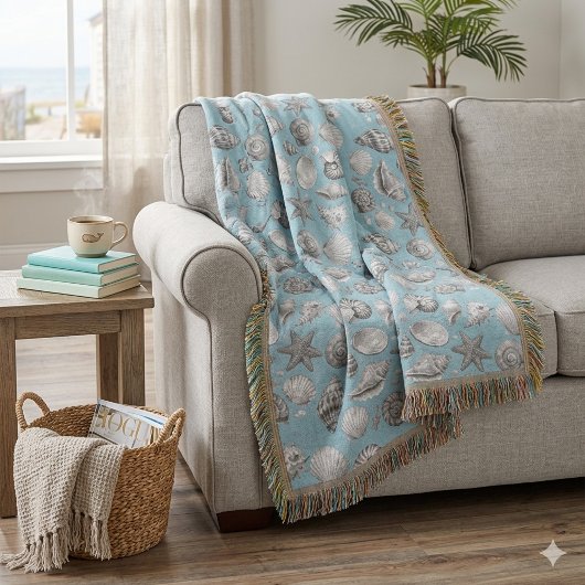 Couverture Coquillages. Thème nautique. Plaid