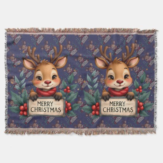 Couverture Cute Christmas Reindeer with Holly and Sign (Devant)