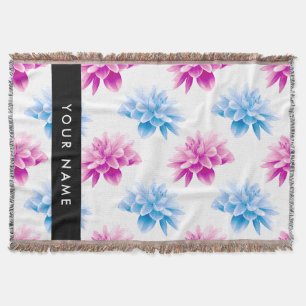 Couverture Dahlia rose et bleu, motif floral, votre nom