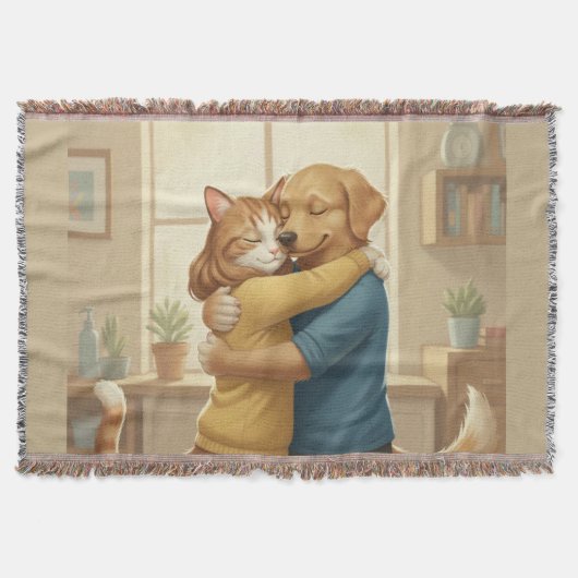Couverture Dog and Cat Hugging Whimsical Woven Throw Blanket (Devant)