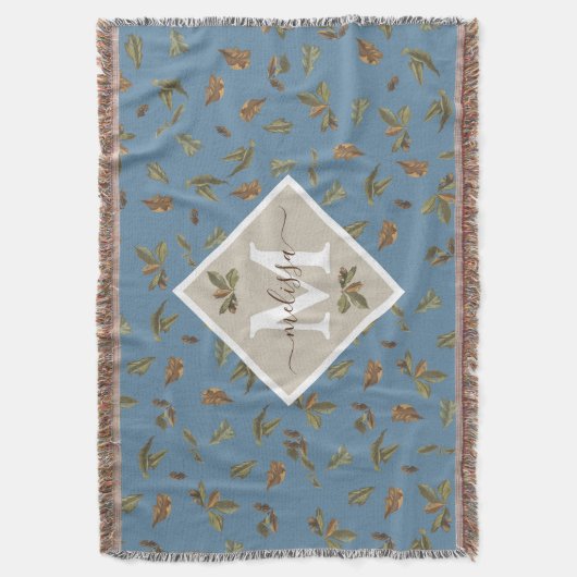 Couverture Dusty Blue Rustic Feuilles Brown Monogramme (devant Vertical)