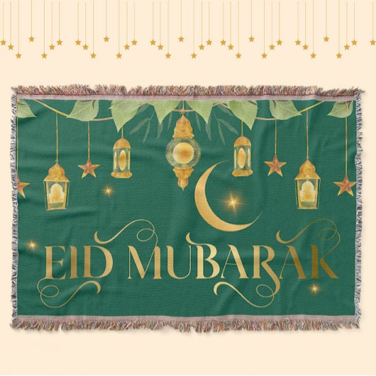 Couverture Eid Moubarak Élégant Vert Lanterne Or Étoiles Lune