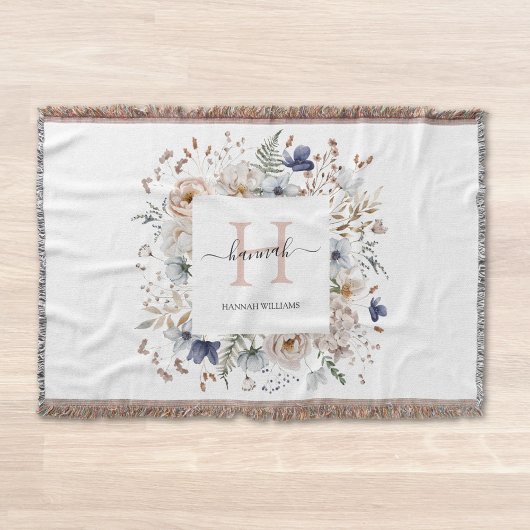 Couverture Elegant Monogram Pretty Beige Blue Flowers Floral