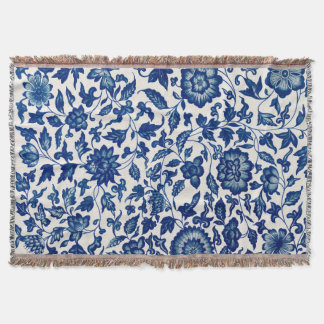 Couverture Élégant Motif Bleu Botanique - Lance Tissé Blanc
