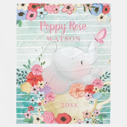 Couverture éléphante avec fleurs + Nom personnalis (Devant)