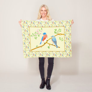 Couverture en laine polaire jaune pâle avec mésang