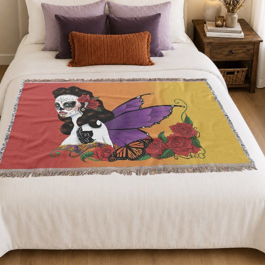 Couverture Fée Crâne de Sucre Ailes Violettes Roses Coucher d