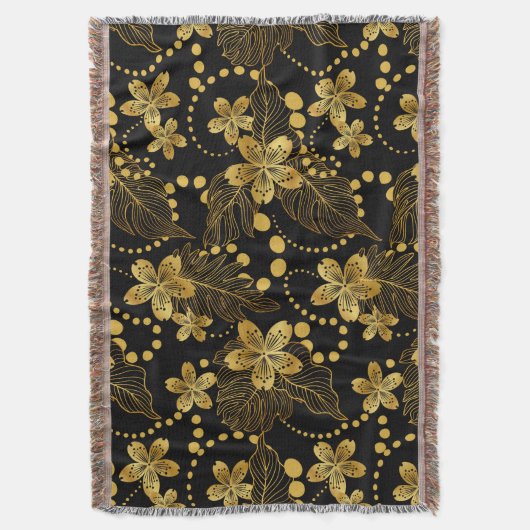 Couverture feuilles tropicaux & fleurs motif en or sur noir (devant Vertical)