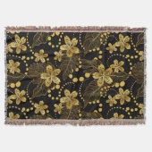 Couverture feuilles tropicaux & fleurs motif en or sur noir (Devant)