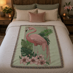 Couverture Flamant Rose Feuilles Vertes Lily