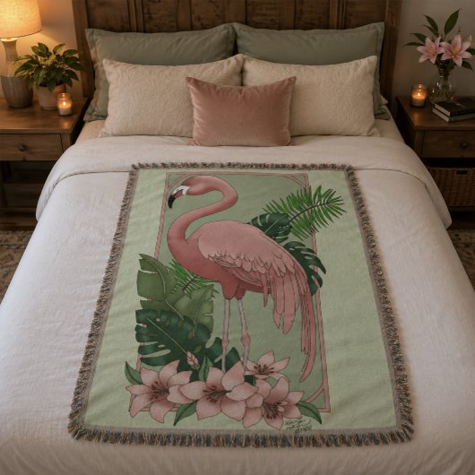 Couverture Flamant Rose Feuilles Vertes Lily