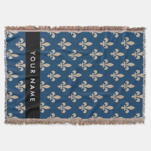 Couverture Fleur de Lis, Beige sur Bleu Nuit, Royal, Votre No