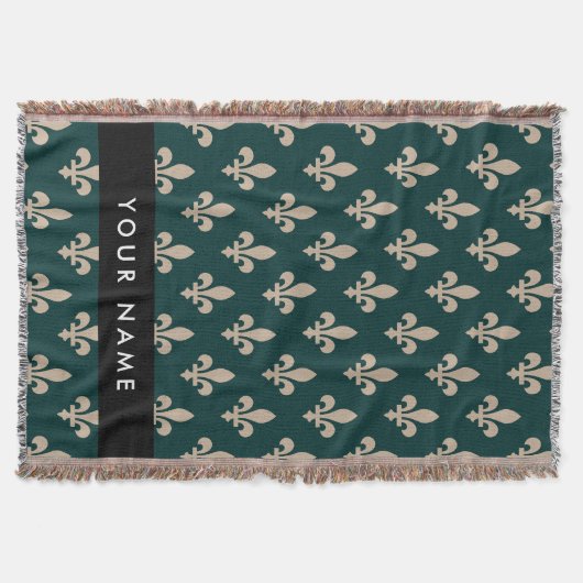 Couverture Fleur de Lis, Beige sur Vert, Royal, Votre Nom (Devant)