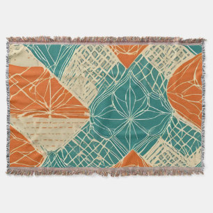 Couverture Fleurs abstraites sarcelle, orange et beige