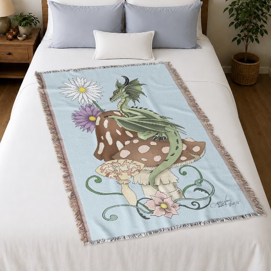 Couverture Fleurs de Champignon Dragon Fantastique Vert Capri
