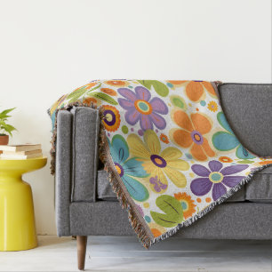 Couverture Fleurs Rétro Orange Lilac Green