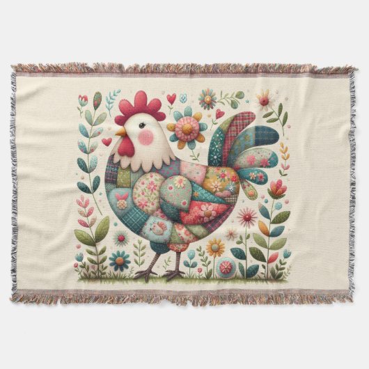 Couverture Folk Patchwork Rooster with Floral Accents (Devant)