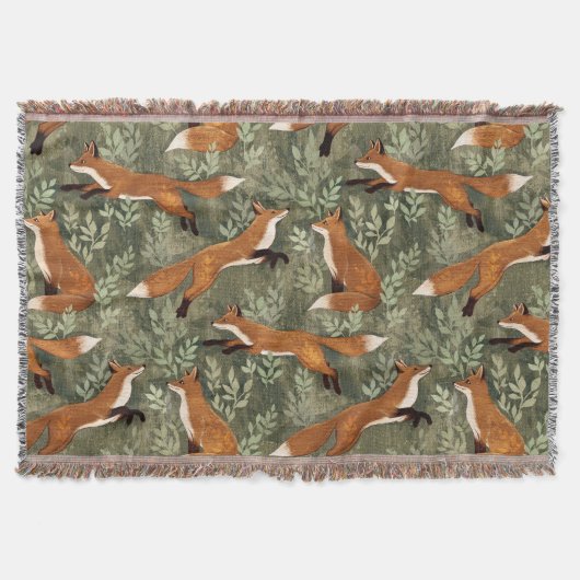 Couverture Foxes joyeux en rouge Brown sur vert olive (Devant)