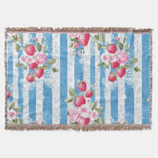Couverture Fraises vintages et fleurs sur bandes bleues (Devant)