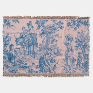 Couverture French toile de jouy bleu et rose élégant