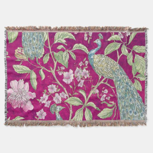 Couverture Fuchsia Chinoiserie paon floral (Devant)