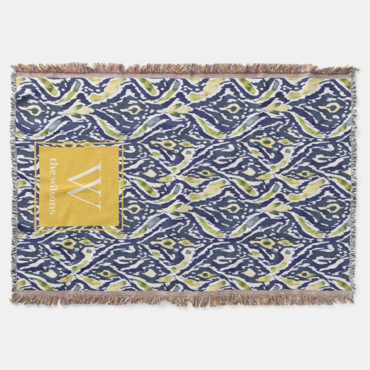 Couverture Gras bleu jaune Abstrait Ikat Monogramme (Devant)