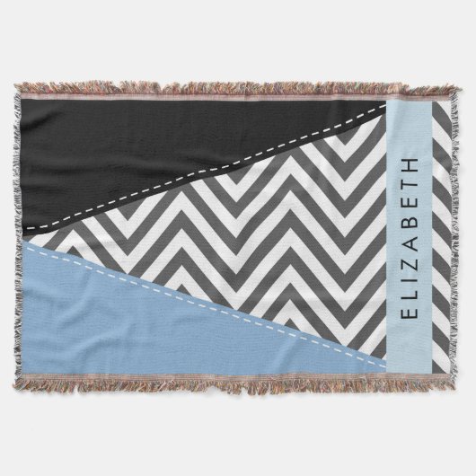Couverture Grey Zigzag, Grey Chevron, Bleu, Votre Nom (Devant)