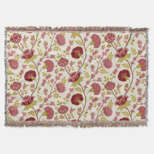 Couverture Jacobean Floral Grand Motif Reds Pinks Gold Creme