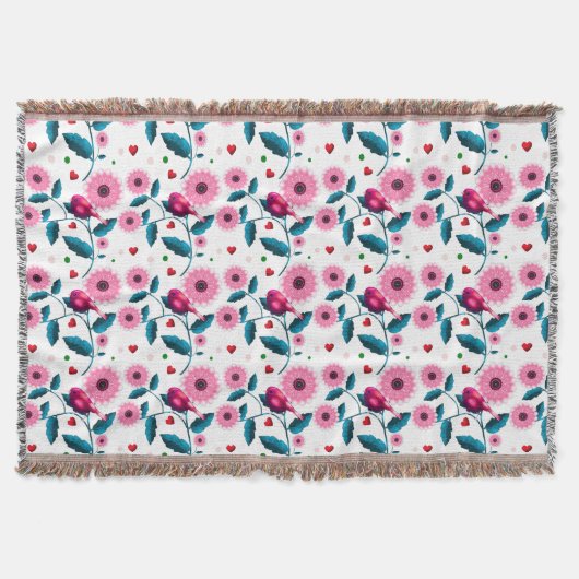 Couverture Jeté de design botanique floral oiseau rose fantai (Devant)
